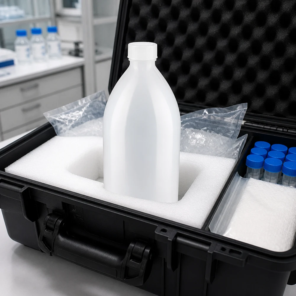1000ml Laborflasche mit Enghals in professioneller Probenahme-Ausrüstung und Kühlpack