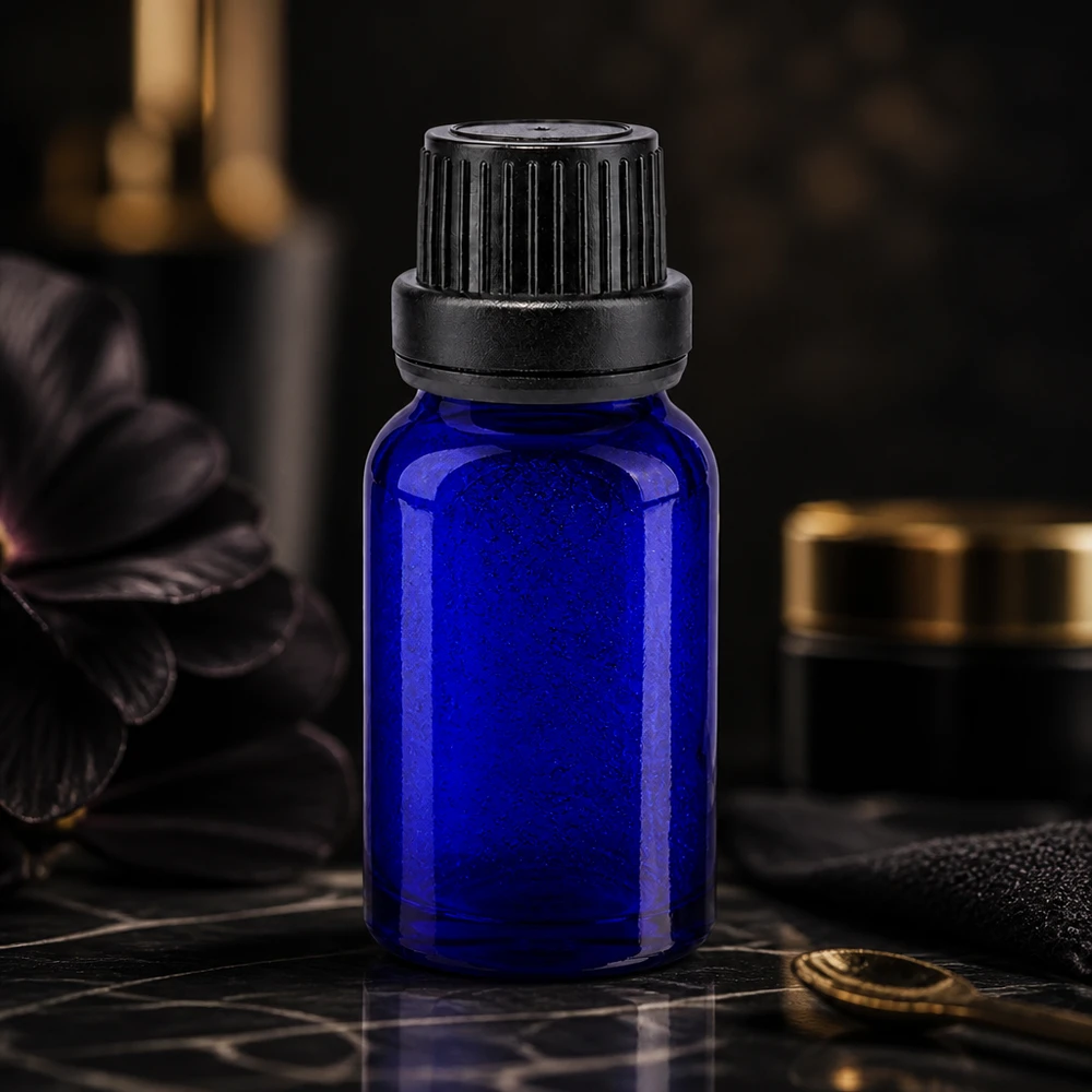 Apothekenflasche blau 10ml Tropfverschluss Giessring 2mm schwarz Originalitätsverschluss Pharmaglas Tropfflasche 10ml in Kobaltblau mit 2mm Präzisionstropfer und OV-Schraubkappe schwarz