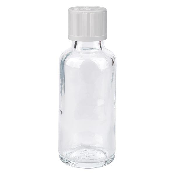 Apothekenflasche klar 30ml Schraubverschluss weiß Kindersicherung Standard Apothekenflasche klar 30ml Schraubverschluss weiß Kindersicherung Standard