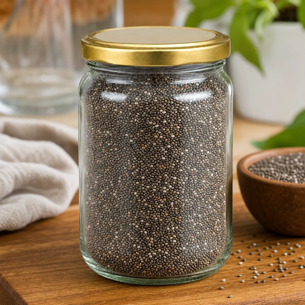 305ml Rundglas mit BasicSeal Deckel gold UNiTWIST 305ml Rundglas mit goldenem UNiTWIST Deckel gefüllt mit Chiasamen - perfekte Aufbewahrung für Superfoods