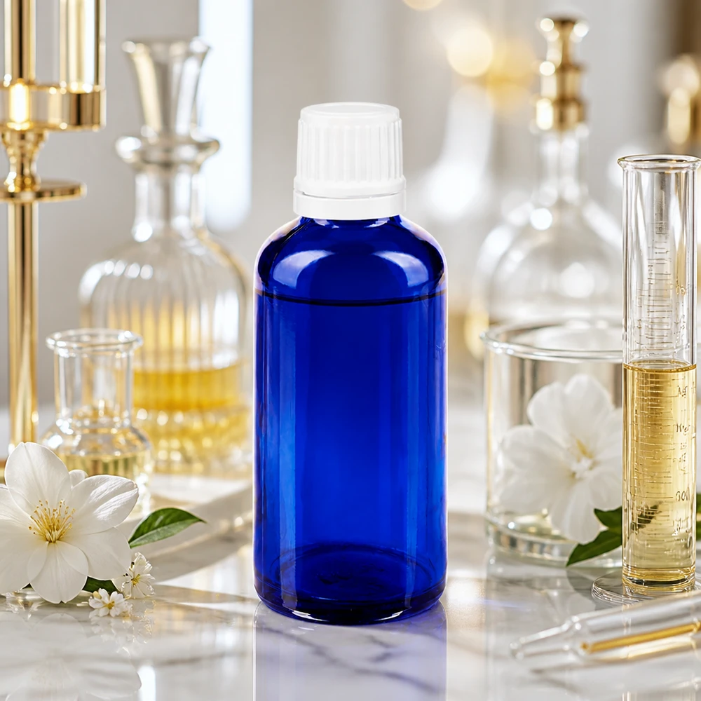 50ml Apothekerflasche Blauglas mit 11mm OV-Verschluss zwischen weißen Jasminblüten