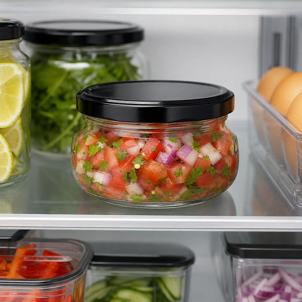 120ml Terrinenglas + BasicSeal Deckel schwarz UNiTWIST 120ml Terrinenglas mit frischer Salsa im Kühlschrank gelagert, schwarzer Deckel, Meal Prep und Vorratshaltung