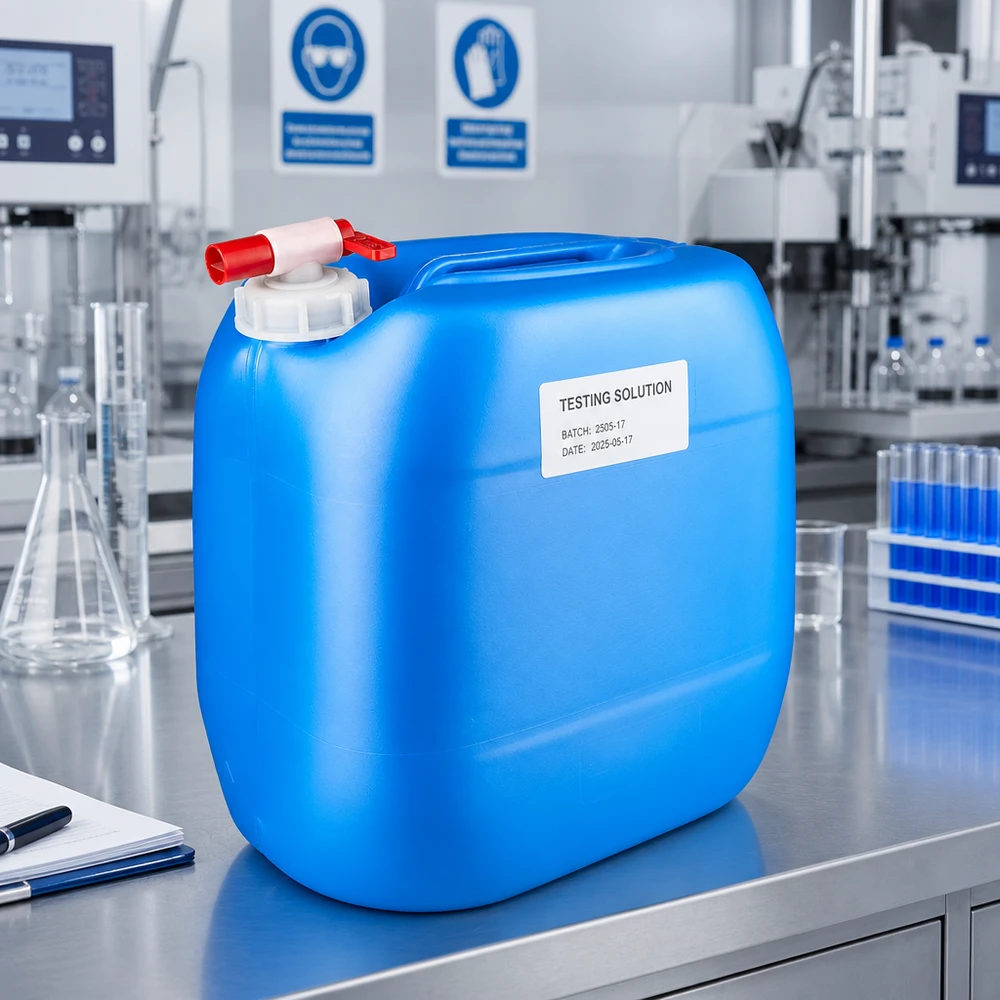 Kanister 30 Liter blau mit Auslaufhahn Blauer Flüssigkeitsbehälter 30L mit Zapfhahn neben Erlenmeyerkolben und Reagenzgläsern