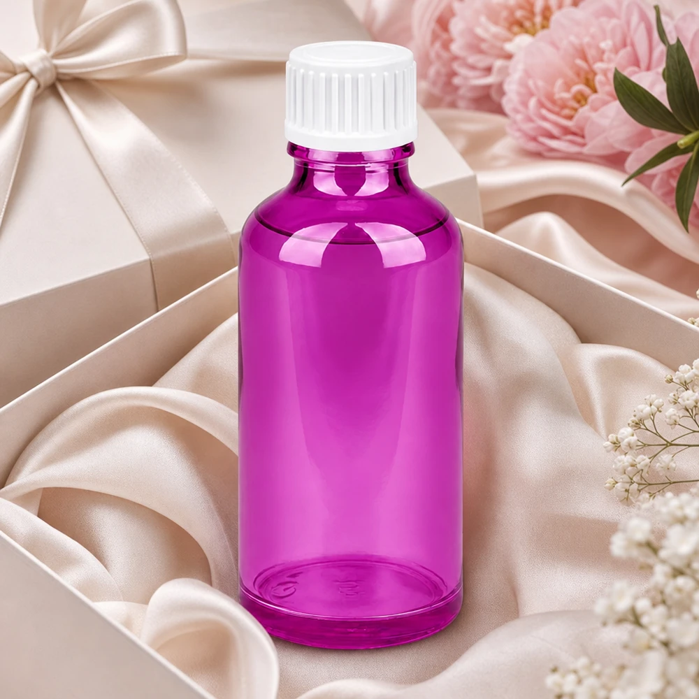 50ml (Globuli)Flasche 3mm Giessring weiß Standard PurpleLine. UT18/50 Handliche 50ml Glasflasche in Purple mit kindersicherem Verschluss für sichere Aufbewahrung