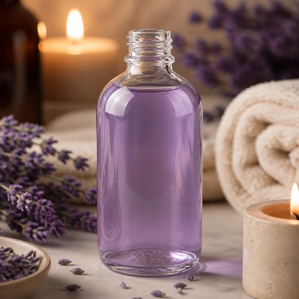 Kleine 100ml Rundschulter Apothekerflasche aus Klarglas mit lila Inhalt UNiTWIST ClearLine