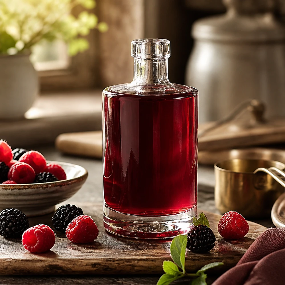 350ml Glasflasche "Marie" ohne Verschluss UNiTWIST 350ml Glasflasche Marie mit rotem Beerenlikör befüllt zwischen frischen Himbeeren und Brombeeren Dekoration Bild 7 von 1