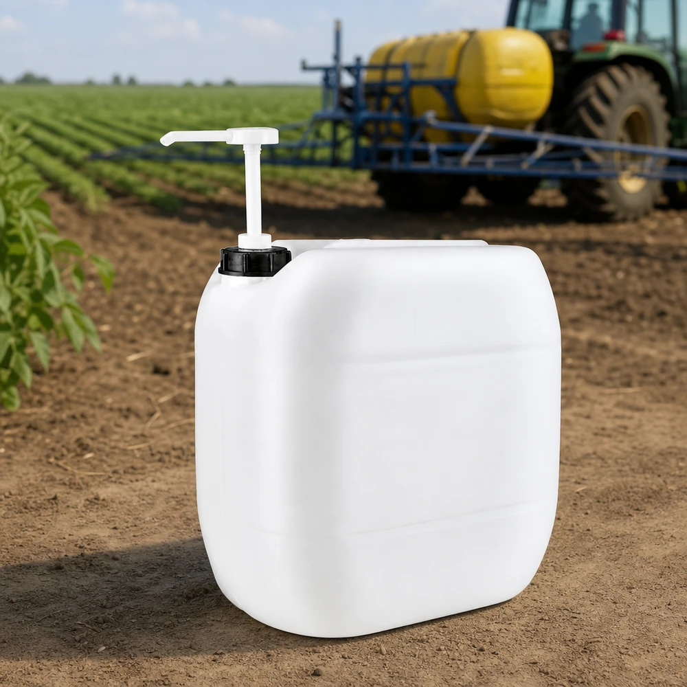 Kanister 30 Liter mit Dosierpumpe Weißer Kunststoffkanister 30L mit Pumpaufsatz für Pflanzenschutzmittel im Agrarbereich