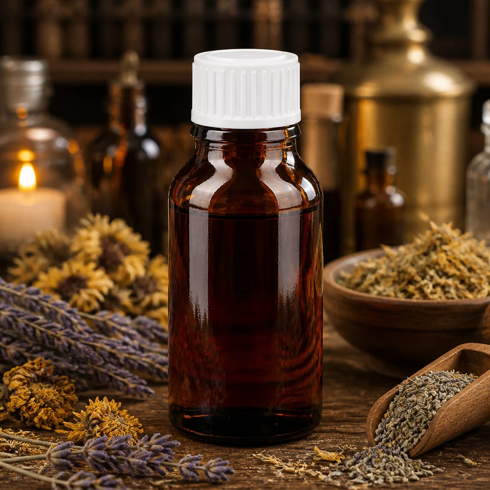 Apothekenflasche braun 15ml Schraubverschluss weiß Standard Kleine braune Glasflasche 15ml mit Schraubdeckel in rustikaler Kräuterapotheke Atmosphäre