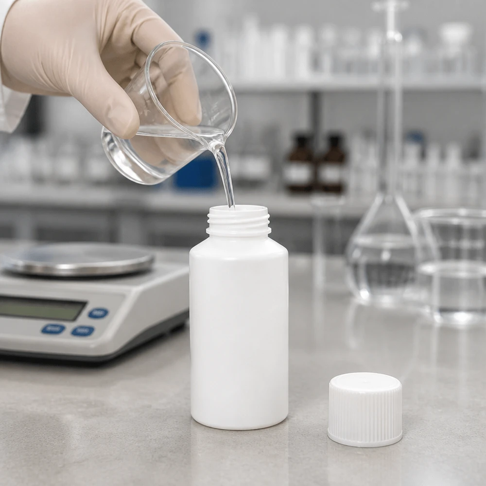 Apothekenflasche HDPE 50ml weiß, mit weißem Schraubverschluss Befüllung kleiner weißer Pharmaflasche 50ml aus lebensmittelechtem HDPE Material