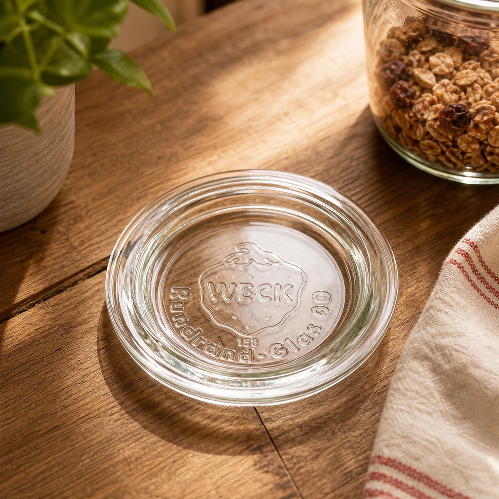 WECK Glasdeckel RR60 WECK Glasdeckel RR60 transparent auf Holztisch mit Müsli-Vorratsglas und Küchentextil rustikale Küchenszene