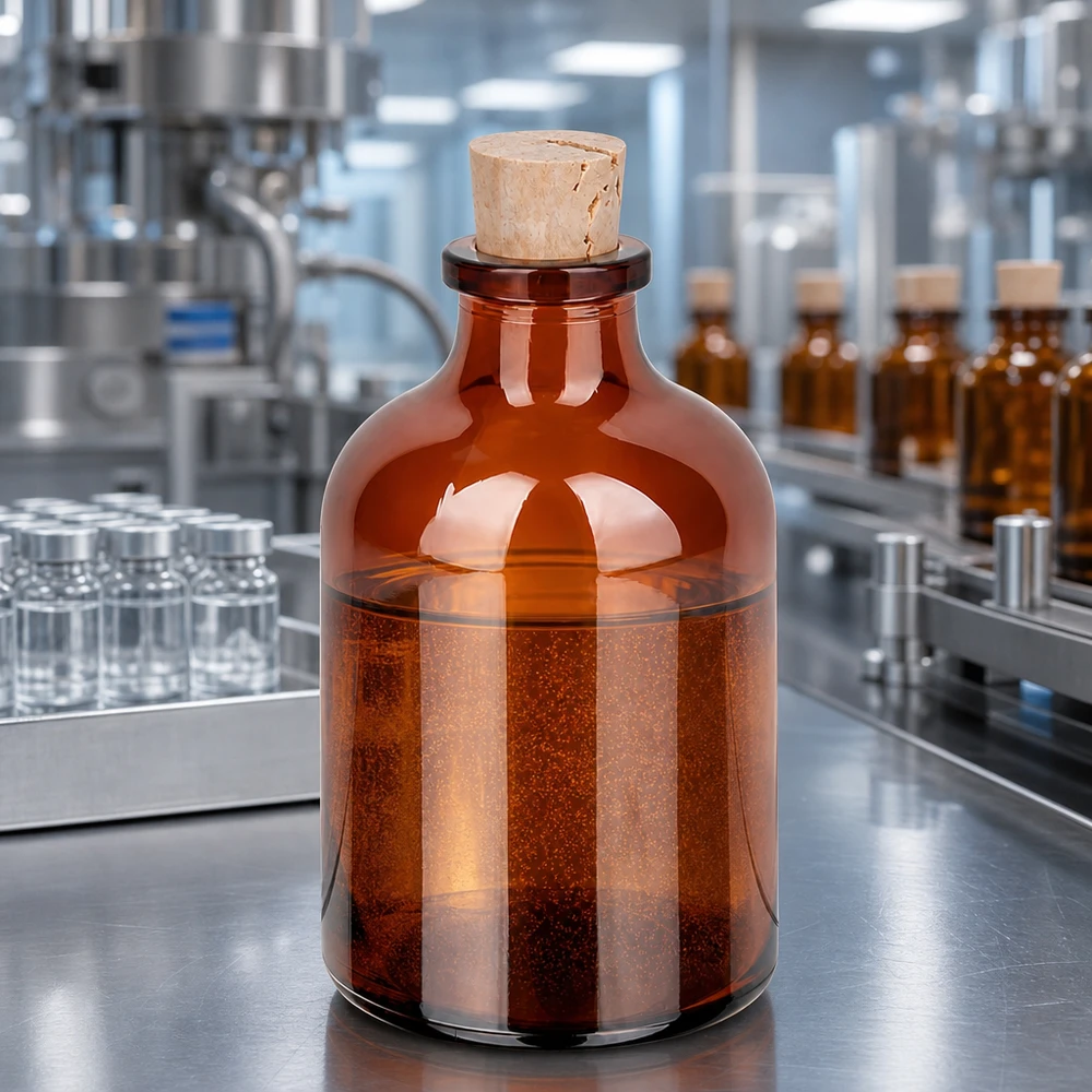 Serialisierte Braunglasflasche 50ml mit Korken auf industrieller Pharmaabfüllanlage