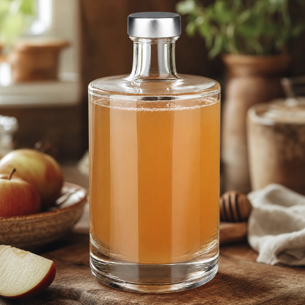 500ml Glasflasche "Sam" + Schraubverschluss silber UNiTWIST 500ml Glasflasche Sam mit Apfelsaft befüllt neben Äpfeln und Honig natürliche Küchenszenerie Detailansicht
