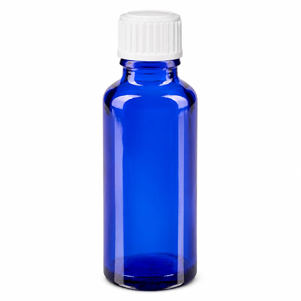 Apothekenflasche blau 30ml Schraubverschluss weiß Standard Blaue Glasflasche 30ml mit weißem Standardverschluss für Apotheken