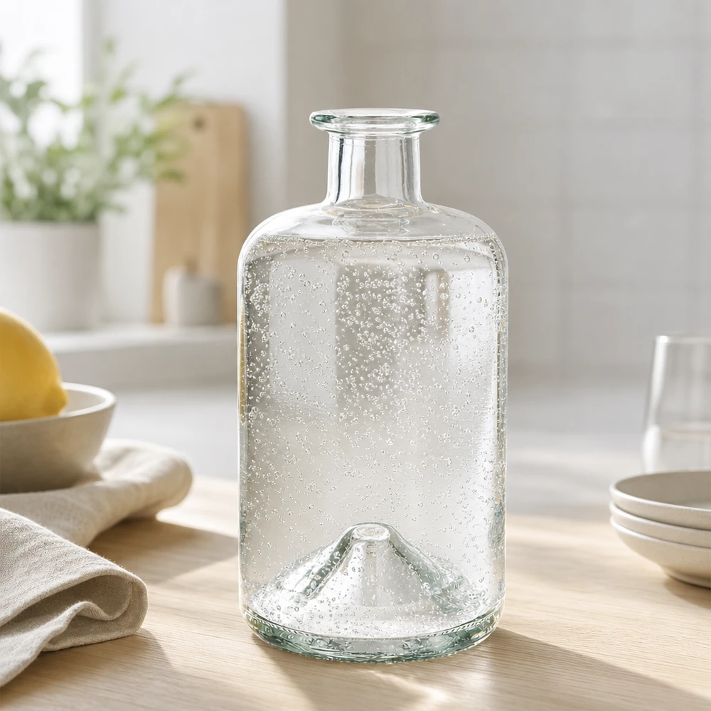 500ml Apothekenflasche "Classic" ohne Verschluss UNiTWIST® 500ml Glasflasche Sofia mit Sprudelwasser befüllt Küchentisch Ambiente helle moderne Küche Apothekerflasche UNiTWIST