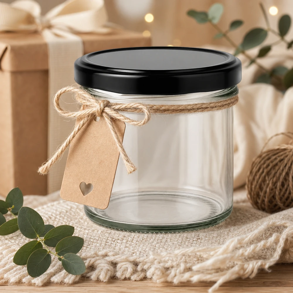 125ml Sturzglas mit BasicSeal Deckel schwarz UNiTWIST 125ml Sturzglas mit schwarzem Deckel als Geschenkidee dekoriert mit Juteschnur und Herzanhänger rustikal
