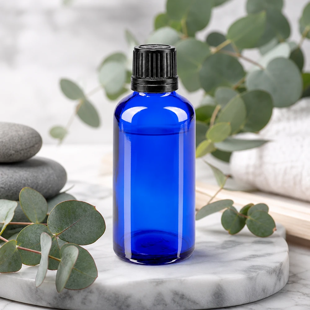 Blaue Gloflasche 50ml mit 8mm Originalverschluss schwarz für ätherische Öle und Naturkosmetik