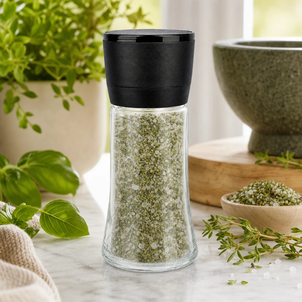 Salz-/Gewürzglas 95ml mit Mühle Vario schwarz Glasgewürzmühle 95ml gefüllt mit grünem Kräutersalz und schwarzem Kunststoffaufsatz Vario