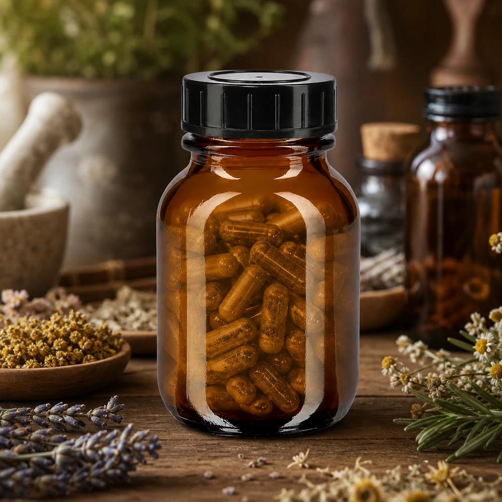 Kleine Glasflasche 50ml in Braun mit Weithalstechnik für optimale Entnahme von Inhalten