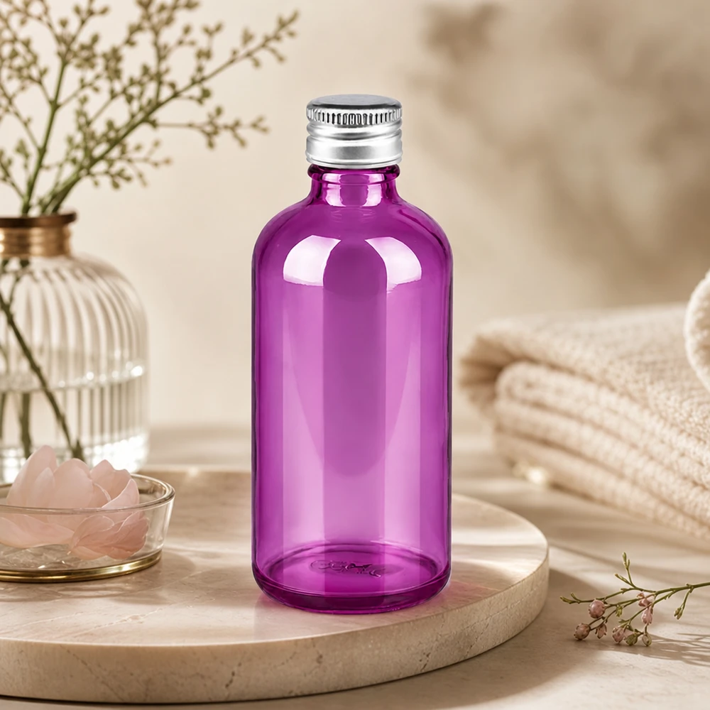 100ml Flas. 11mm Schraubverschluss Alu-Silber Standard PurpleLine. UT18/100 Mundgeblasene 100ml Glasflasche in leuchtendem Violett mit hochwertigem Aluminium-Verschluss