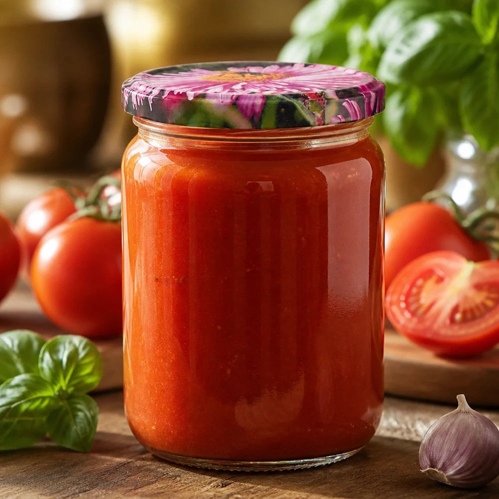 Klares 555ml Rundglas UniTwist mit pinkfarbenem Blütendeckel und frischer Tomatenpassata