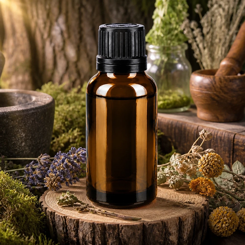 Bernsteinfarbene 20ml Tropfflasche aus ApoGlas auf Baumscheibe mit Lavendel und Ringelblumen