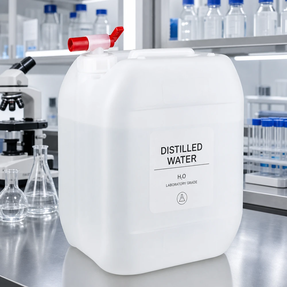 Kanister 10 Liter mit Auslaufhahn Weißer Kunststoffkanister 10L mit Zapfhahn im Labor neben Erlenmeyerkolben und Mikroskop
