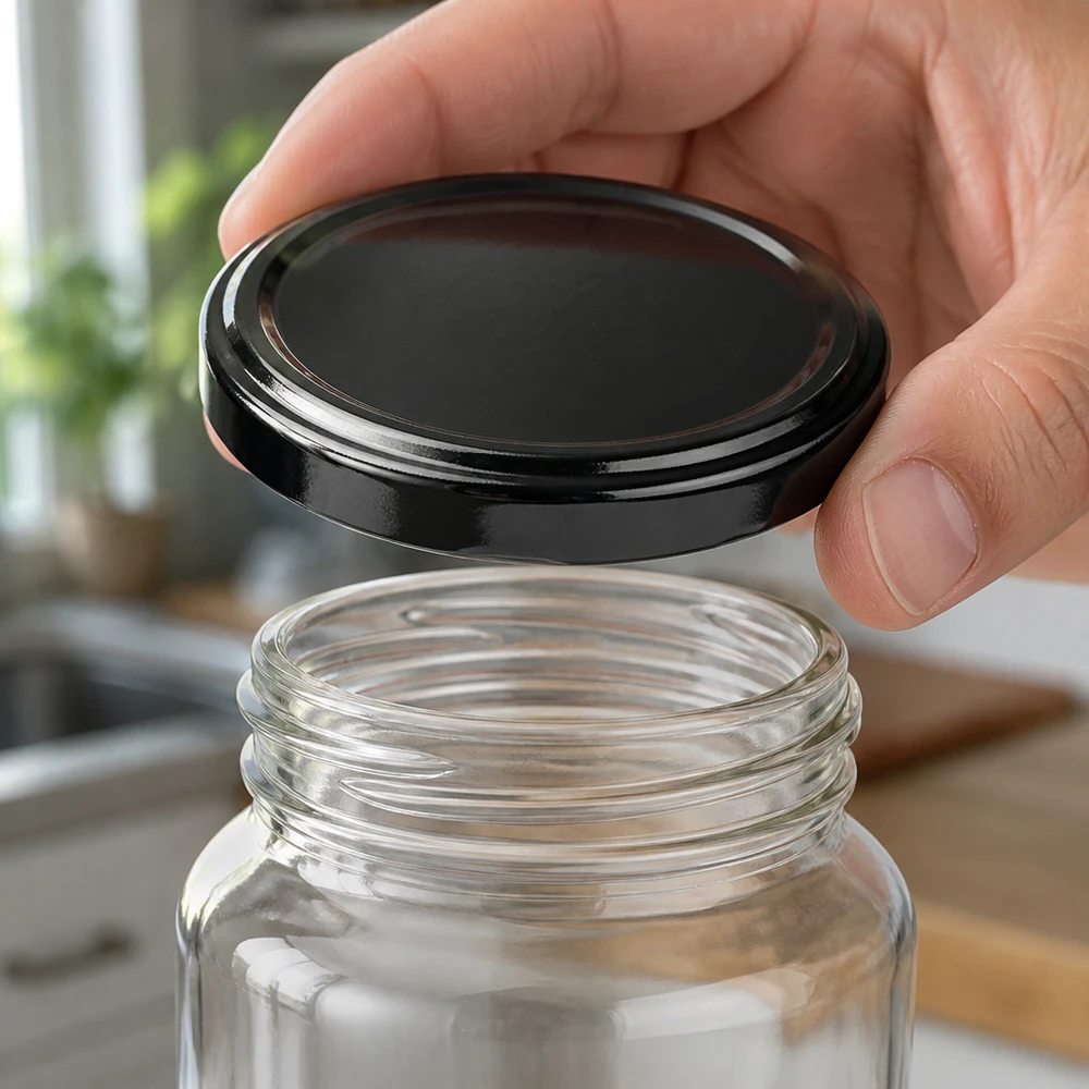 Hand setzt UNiTWIST TO82 Deckel BioSeal auf transparentes Schraubglas Vorratshaltung