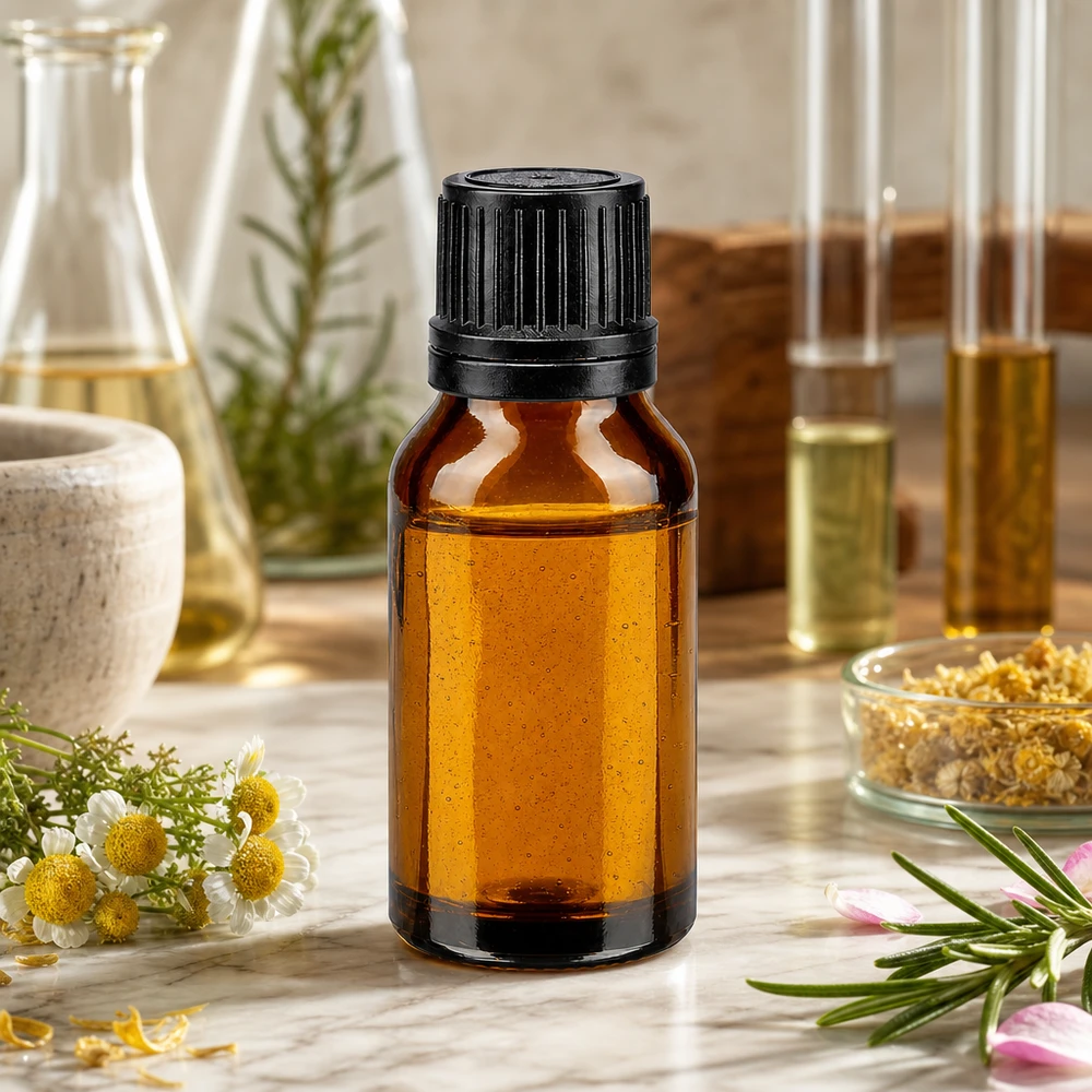 Kleine Braunglasflasche 15ml mit Präzisionstropfer auf Marmorfläche mit Heilkräutern