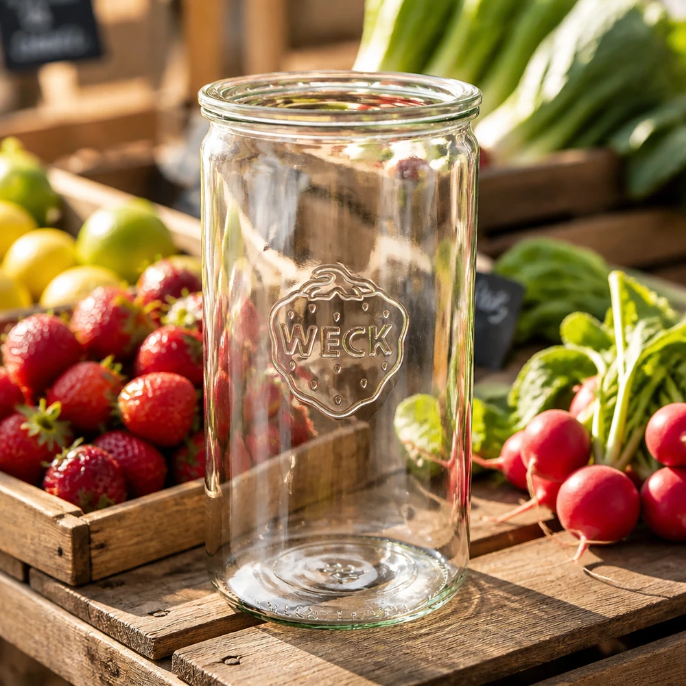 1590ml Zylinderglas mit Glasdeckel WECK RR100 WECK Zylinderglas 1590ml RR100 auf Holzkiste mit frischen Radieschen Erdbeeren und Gemüse in natürlicher Umgebung