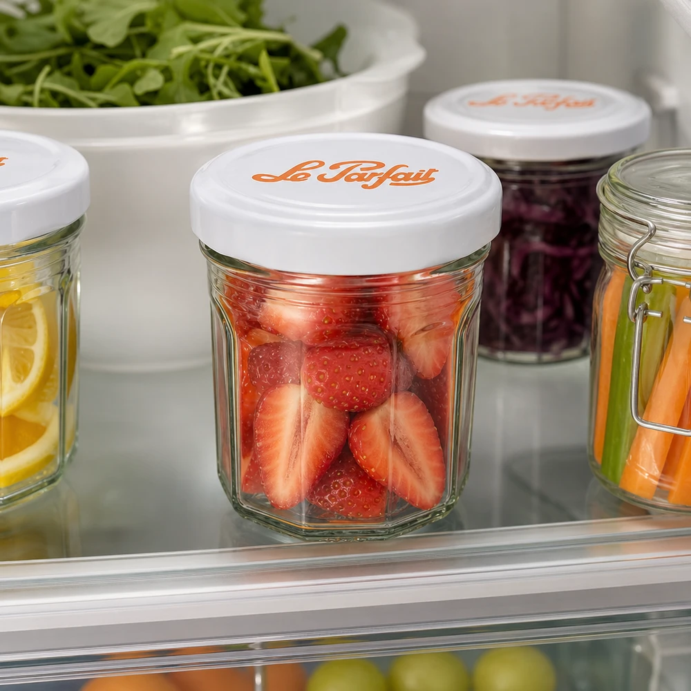 Le Parfait Mini-Sturzgläser 44ml mit frischen Erdbeeren im Kühlschrank - praktische Aufbewahrung für kleine Portionen