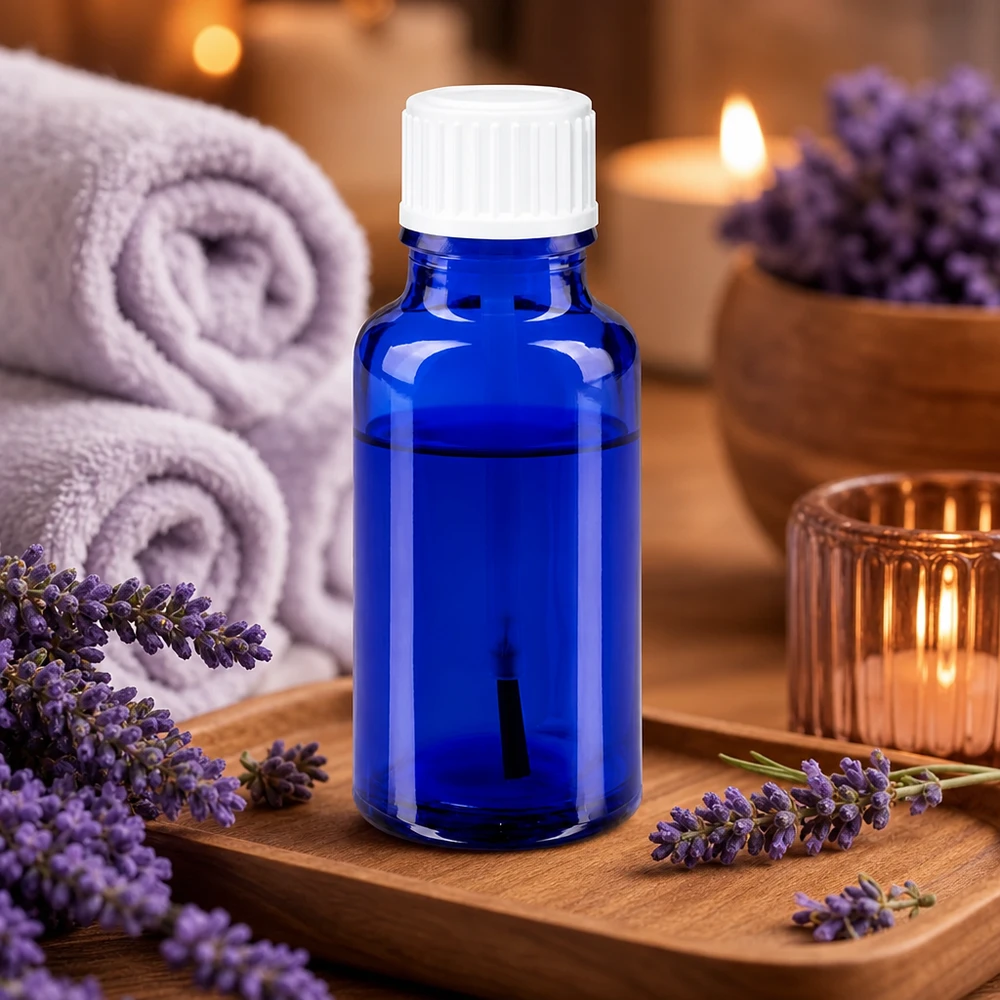 Kobaltblaue Apothekerflasche 20ml zwischen frischen Lavendelblüten und Kerzen