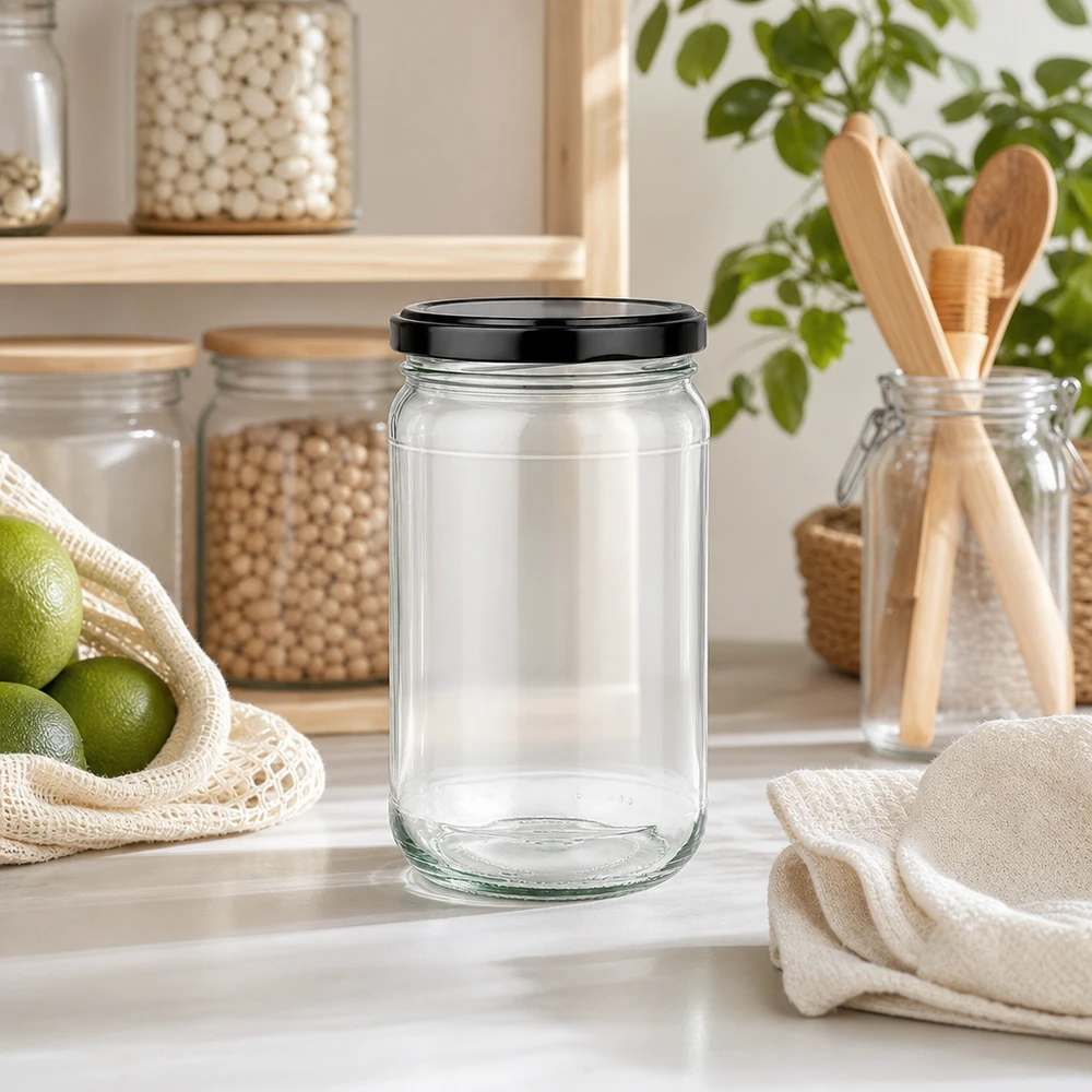 305ml Rundglas mit BasicSeal Deckel schwarz UNiTWIST 305ml Rundglas UNiTWIST mit schwarzem Deckel in stylischer Zero-Waste Küche zwischen Holzutensilien und Baumwolltüchern