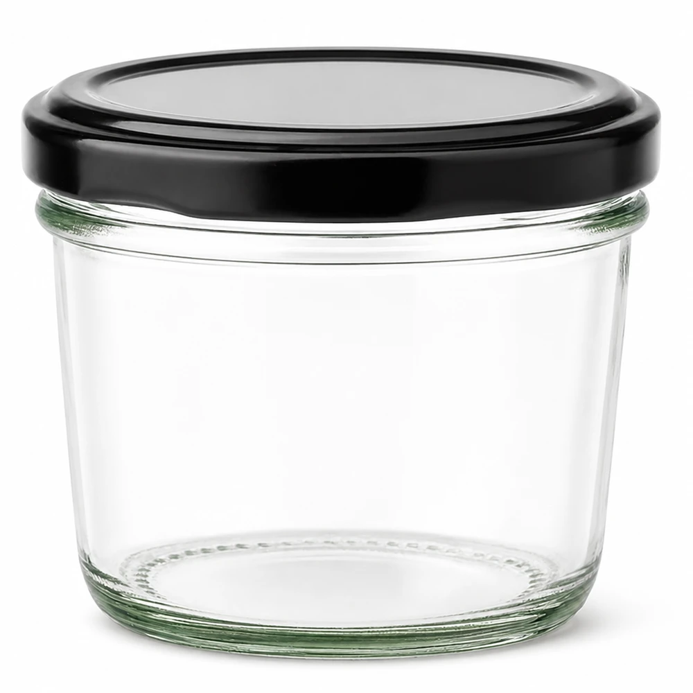 230ml Sturzglas mit schwarzem BasicSeal Deckel aus klarem Glas für Marmelade und Konserven