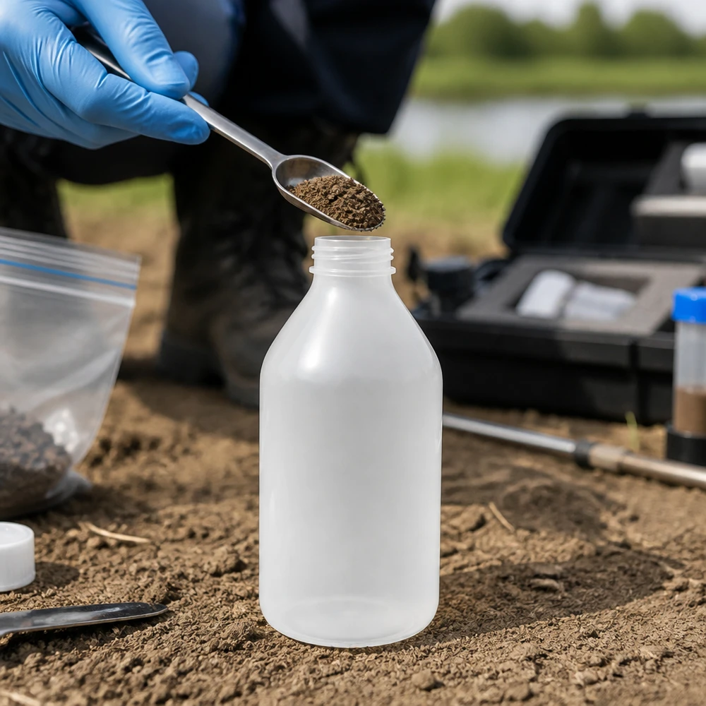 Bodenprobe wird in 500ml Enghals Laborflasche gefüllt neben Probenkoffer auf Erdgrund