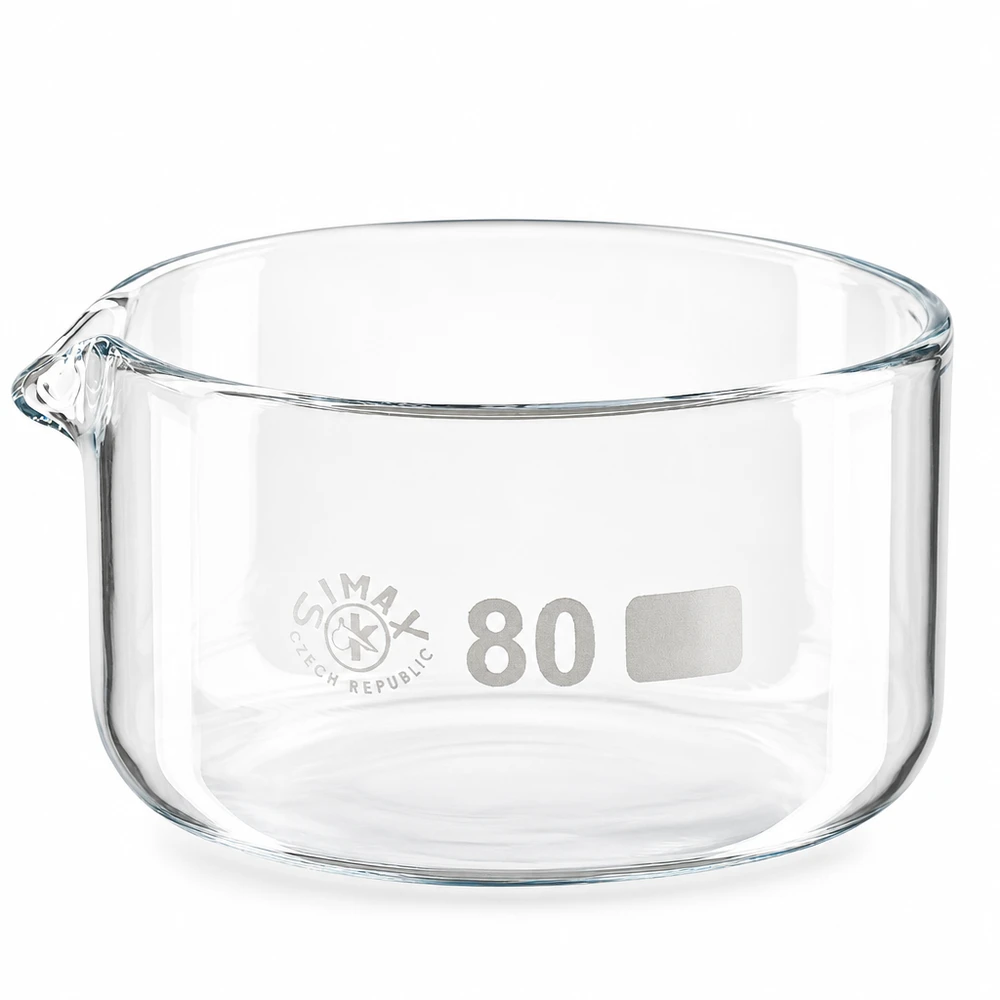 Transparente Glasschale 150ml mit Ausguss für Labor und Kristallisation ø80mm