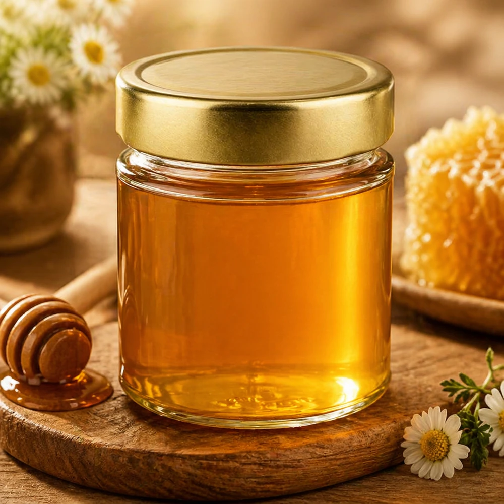 154ml Rundglas mit goldenem Deckel gefüllt mit Honig Honigglas Honigtopf mit Honiglöffel Blumen Naturprodukt