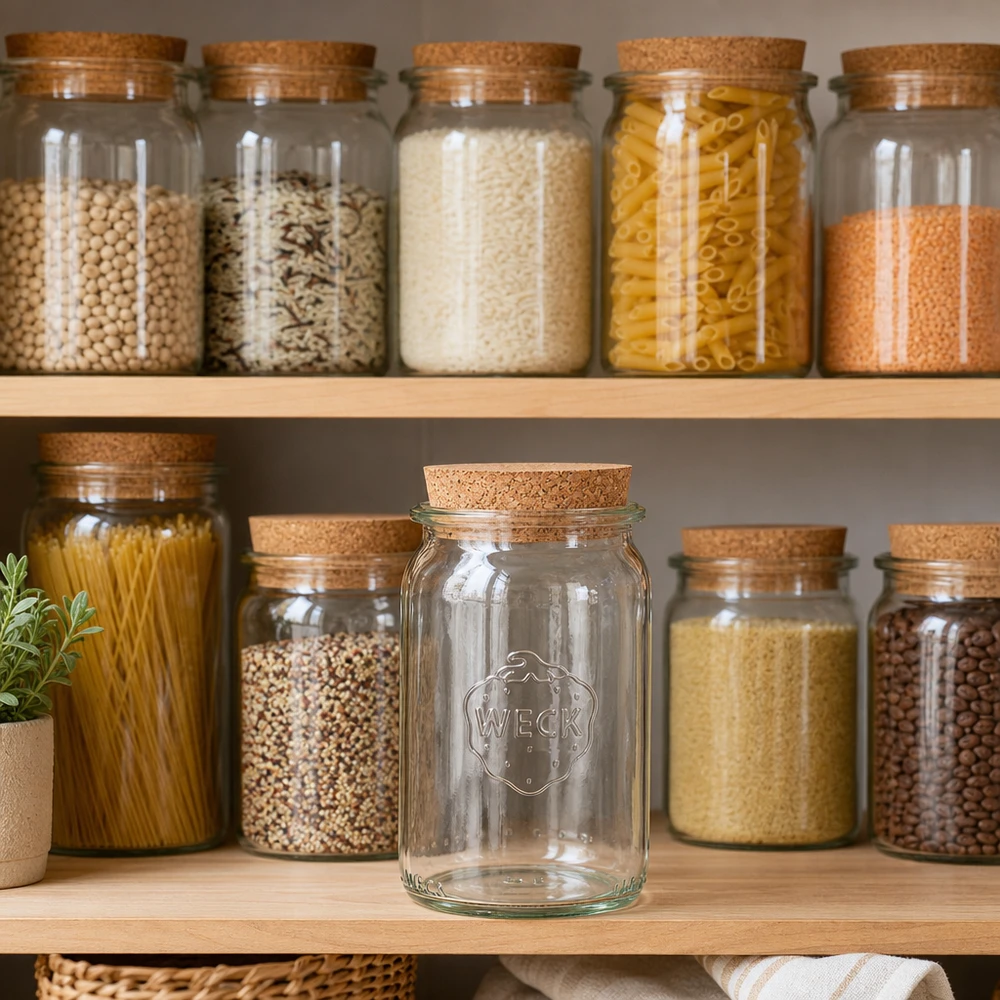 WECK Vorratsglas 145ml mit Korken in organisierter Küche zwischen gefüllten Vorratsdosen auf Holzregal Pantry-Organisati