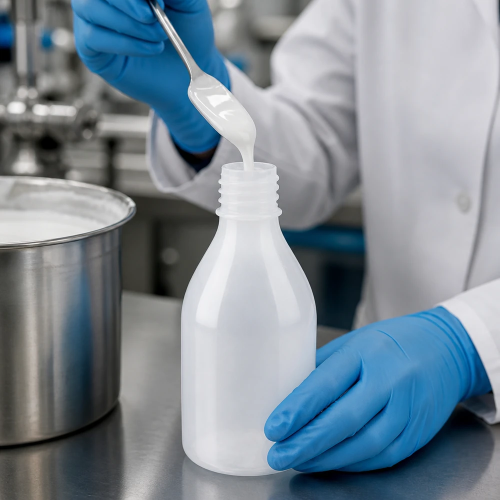 Blau behandschuhter Laborant transferiert cremige Substanz in 100ml Enghalsflaschen Labor