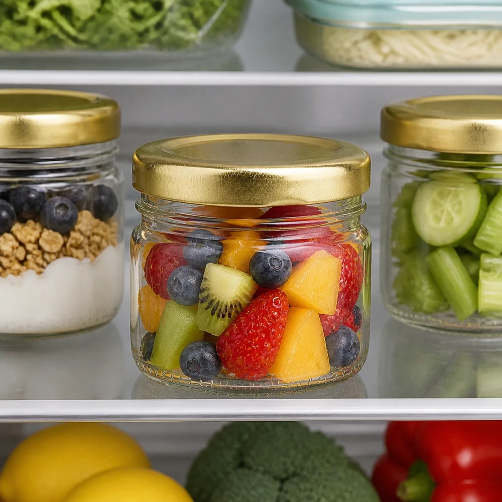 Kompaktes 33ml Vorratsglas mit BasicSeal Golddeckel für gesunde Snacks und Meal Prep