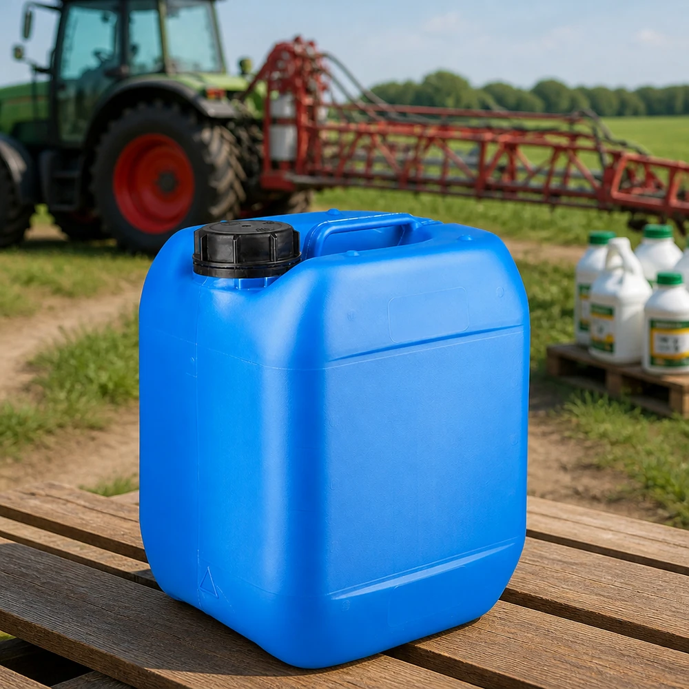 Landwirtschaftlicher Kanister 5L blau mit schwarzem Schraubdeckel und Traktor im Hintergrund