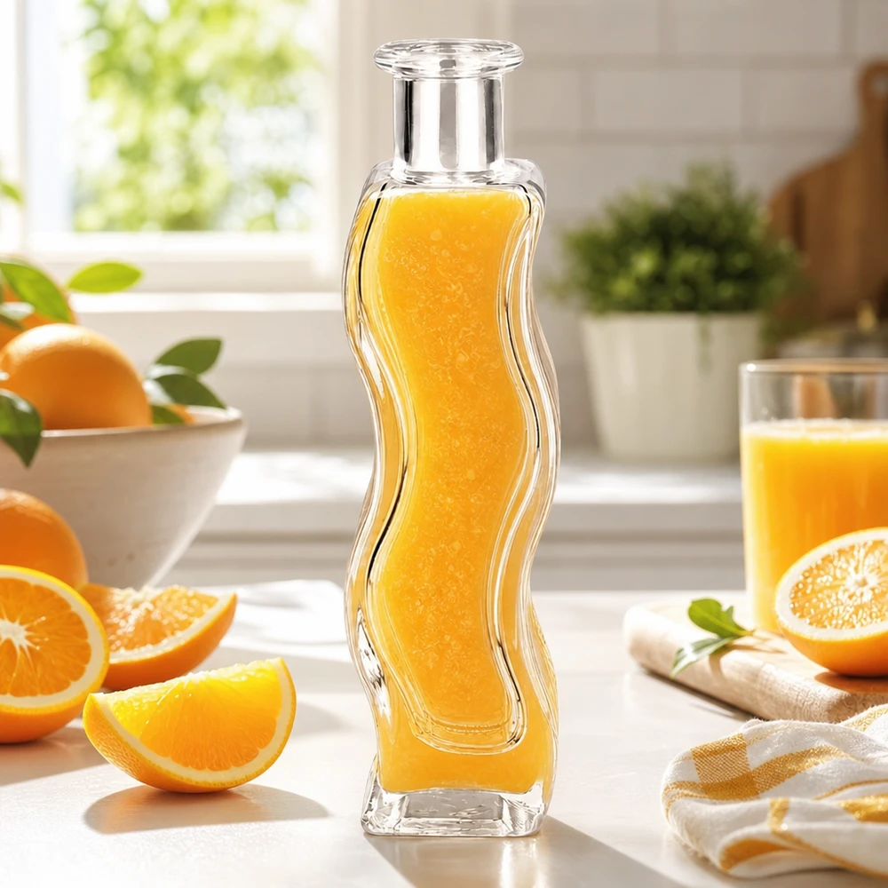 100ml Glasflasche "Melissa" ohne Verschluss UNiTWIST 100ml Glasflasche Melissa mit Orangensaft gefüllt in heller Küche umgeben von frischen Orangen und Zitrusfrüchten
