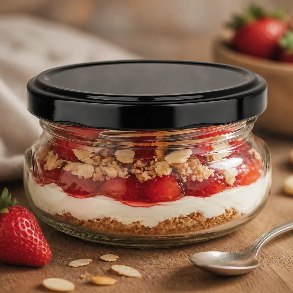 120ml Terrinenglas + BasicSeal Deckel schwarz UNiTWIST 120ml Terrinenglas gefüllt mit Erdbeer-Dessert und Streuseln, schwarzer Deckel, Schichtdessert im Glas servierfertig