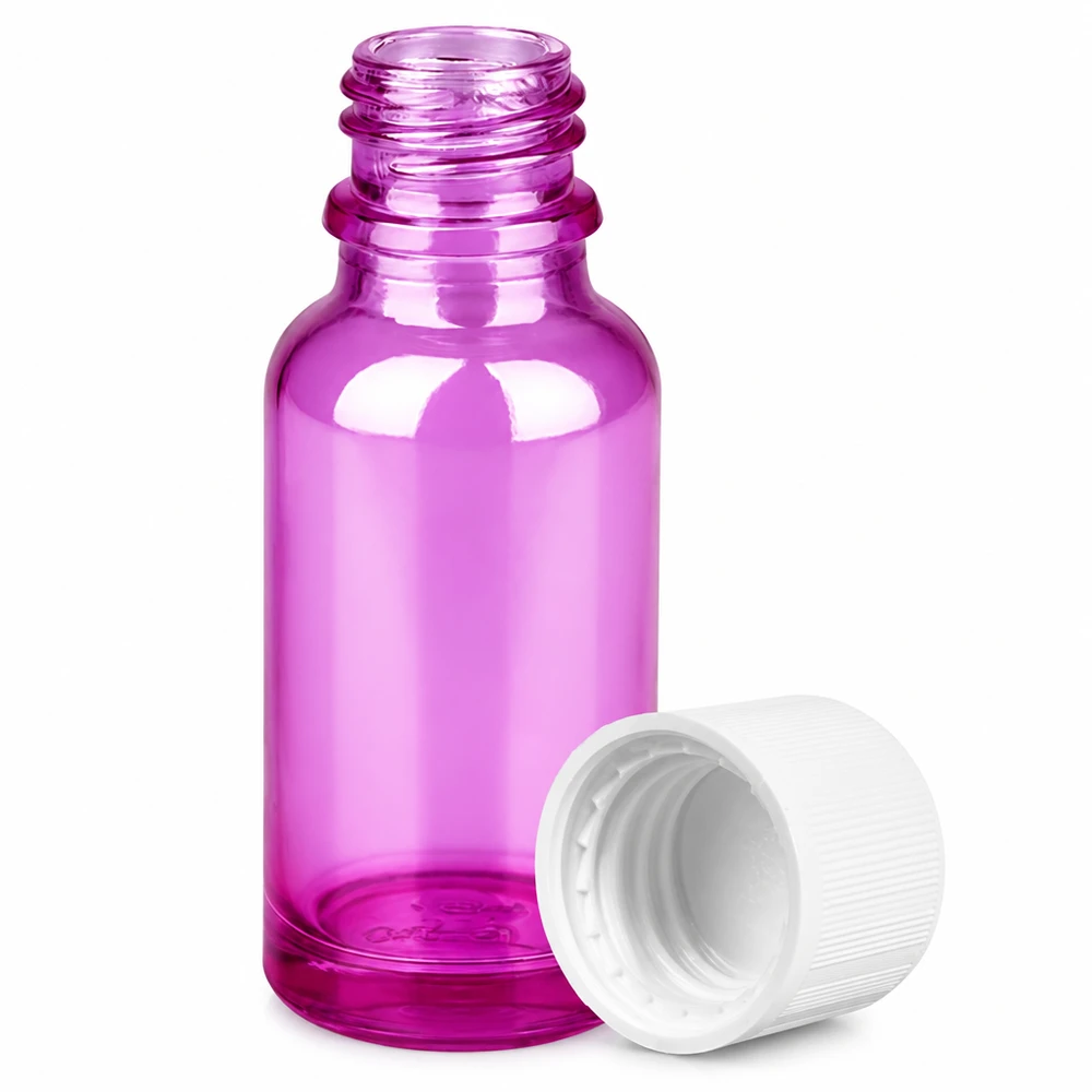 20ml Flasche 11mm Schraubverschluss weiß Standard Kindersicher PurpleLine UT18/20 Lila getönte Glasflasche 20ml mit weißem Verschluss für UV-Schutz von Wirkstoffen
