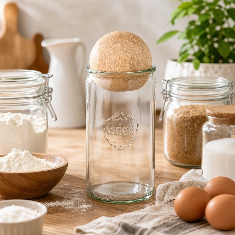 1590ml Zylinderglas WECK RR100 mit Holzkugel Buche WECK Zylinderglas 1590ml RR100 mit Holzkugel aus Buche in Bäckerei-Küche mit Mehl, Eiern und Backzutaten