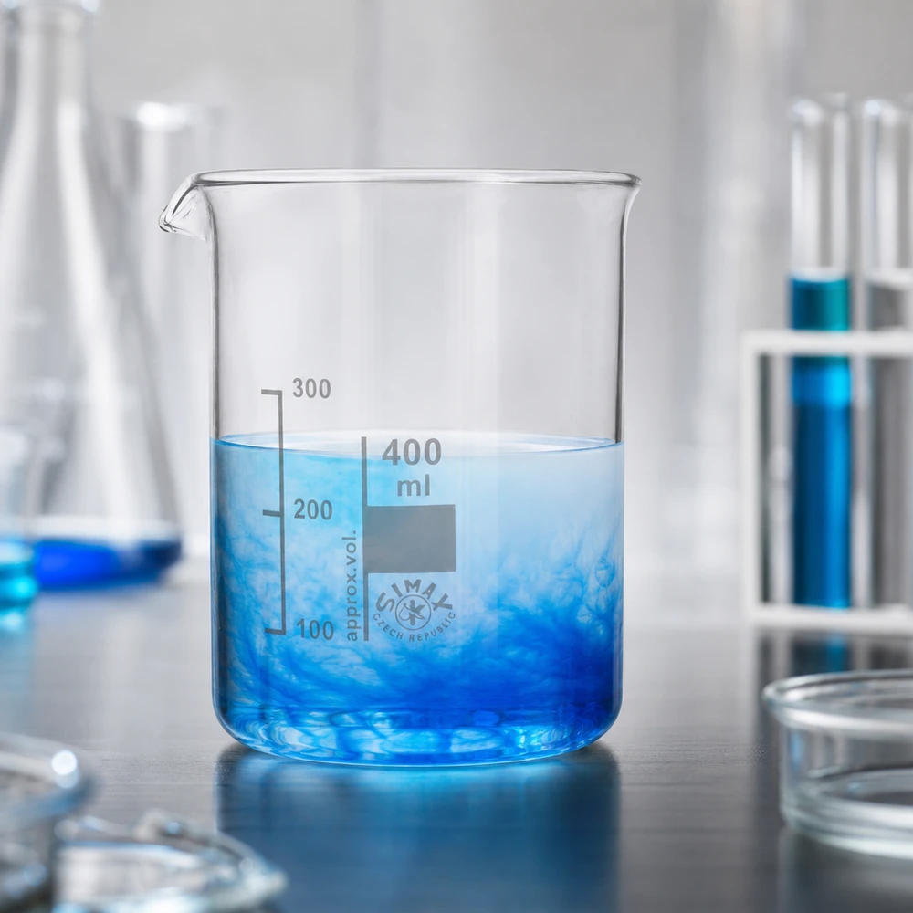 Becherglas 400ml Borosilikatglas, niedrige Form Kompaktes 400ml Becherglas aus Borosilikatglas mit optimaler Standfestigkeit
