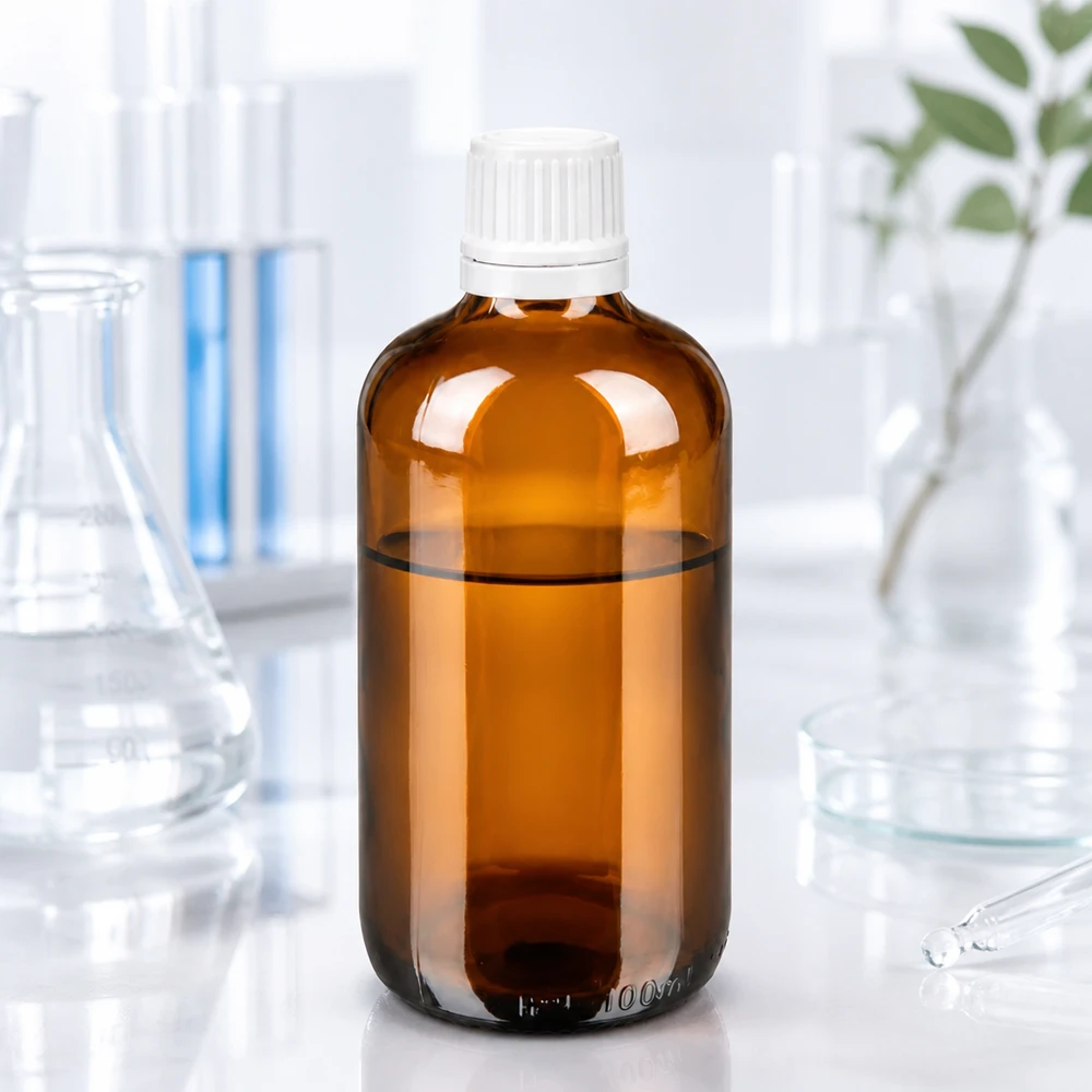Pharmazeutische 100ml Tropfflasche aus braunem Apothekenglas vor Laborglasgeräten