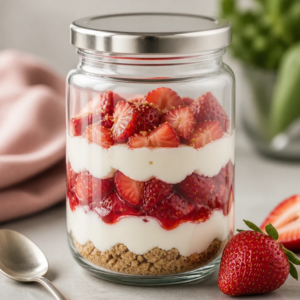 382ml Rundglas mit BasicSeal Deckel silber UNiTWIST 382ml Rundglas mit silbernem Deckel als Dessertglas mit Erdbeeren Sahne Keksen stylisches Schichtdessert im Glas