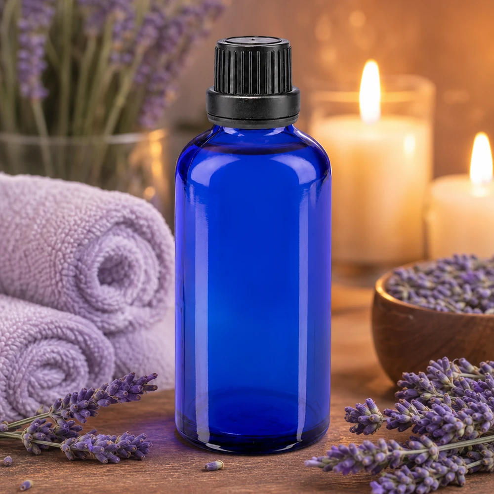 Kobaltblaue Apothekerflasche 50ml neben Lavendelblüten und Massagehandtüchern