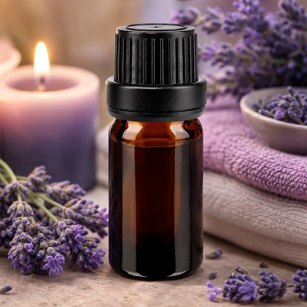 Braune Miniaturflasche 5ml mit schwarzem Tropfverschluss ideal für Lavendelöl und Essenzen