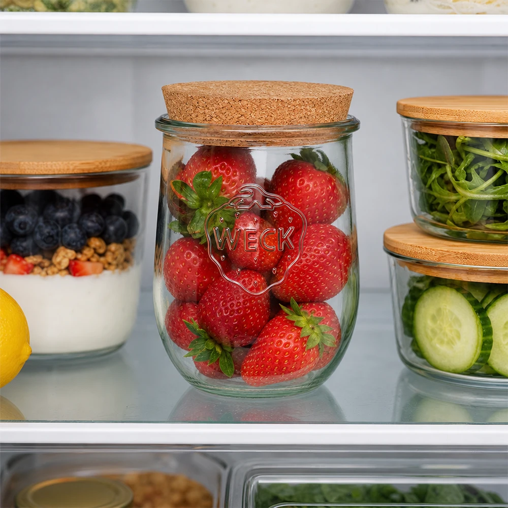 1062ml Tulpenglas WECK RR100 mit Korken natur WECK Tulpenglas 1062ml RR100 mit Korkdeckel zur Aufbewahrung frischer Erdbeeren im Kühlschrank Meal Prep Organisation